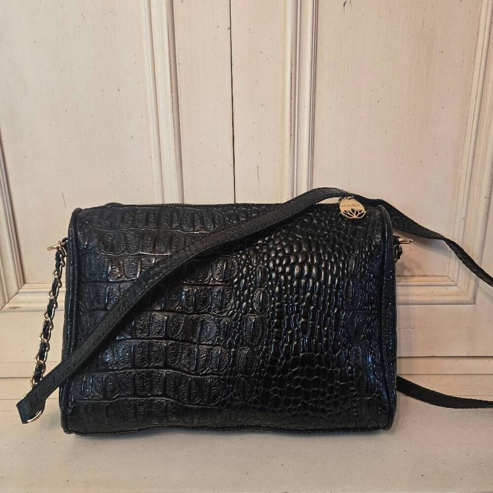 Big Buddha Black Croc Embossed Purse Shoulder Bag Gold Chain Accent